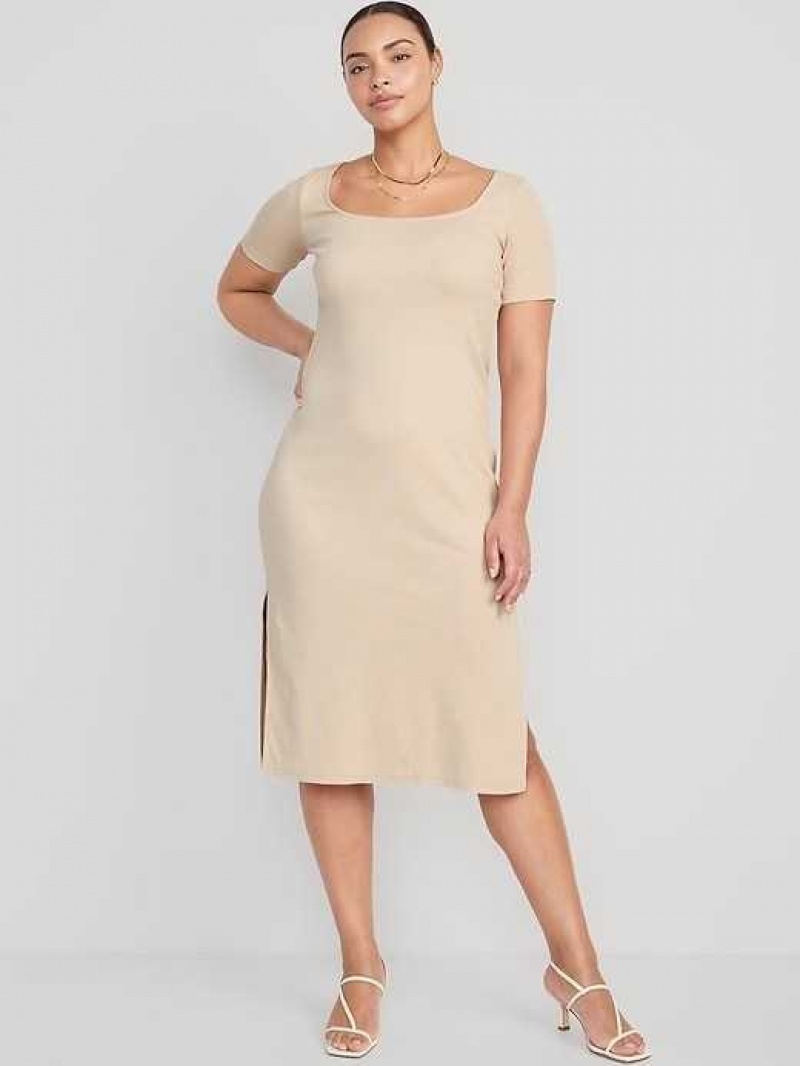 Old Navy Fitted Rib-Knit Scoop-Neck Midi Dress Desert Floor | AYU418257