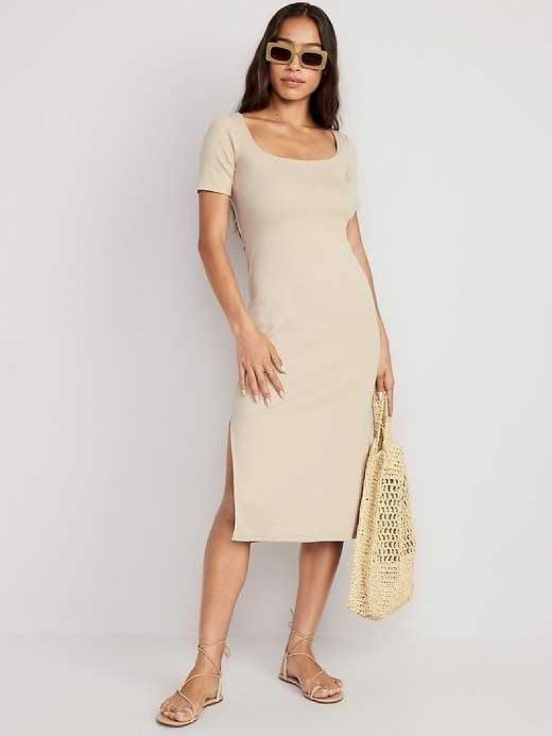 Old Navy Fitted Rib-Knit Scoop-Neck Midi Dress Desert Floor | AYU418257