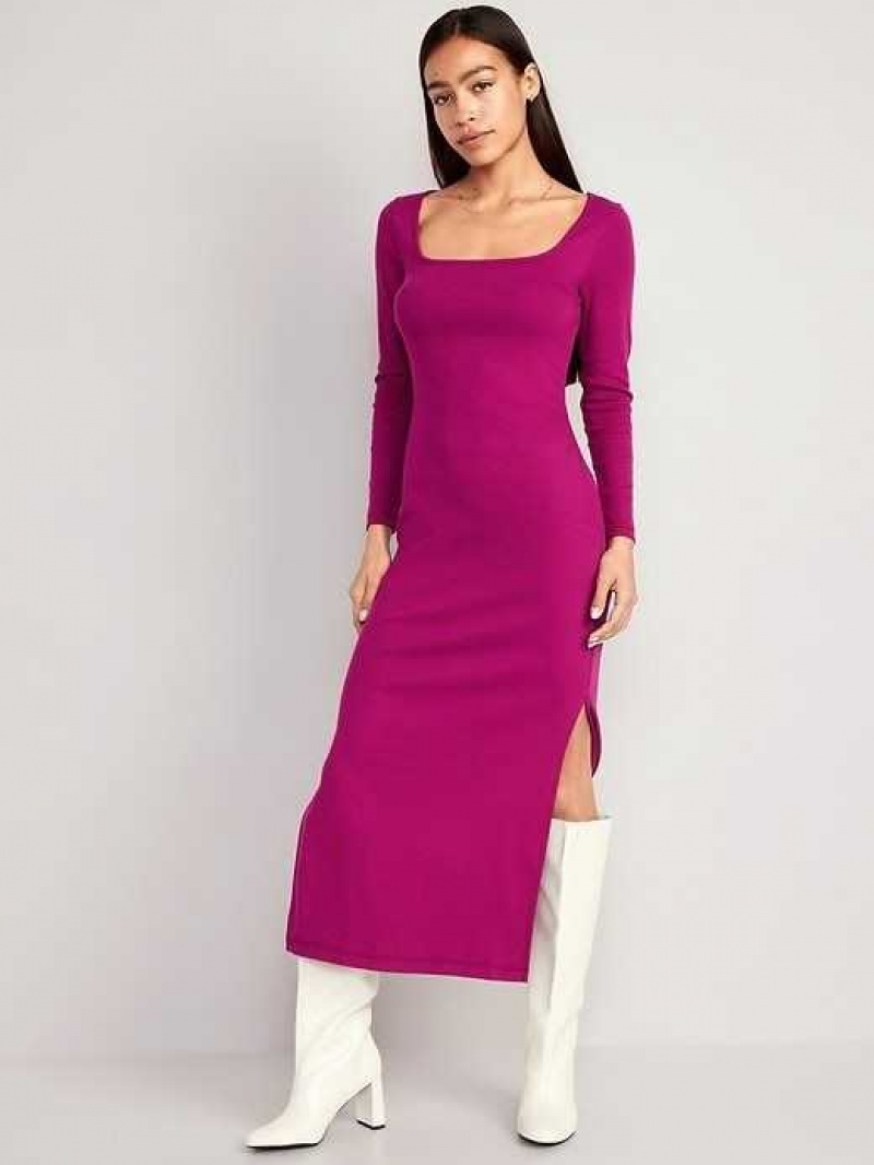 Old Navy Fitted Rib-Knit Square-Neck Midi Dress Purple | KFO627394