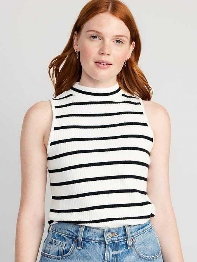 Old Navy Fitted Sleeveless Mock-Neck Top Black White Stripes | CRX534209