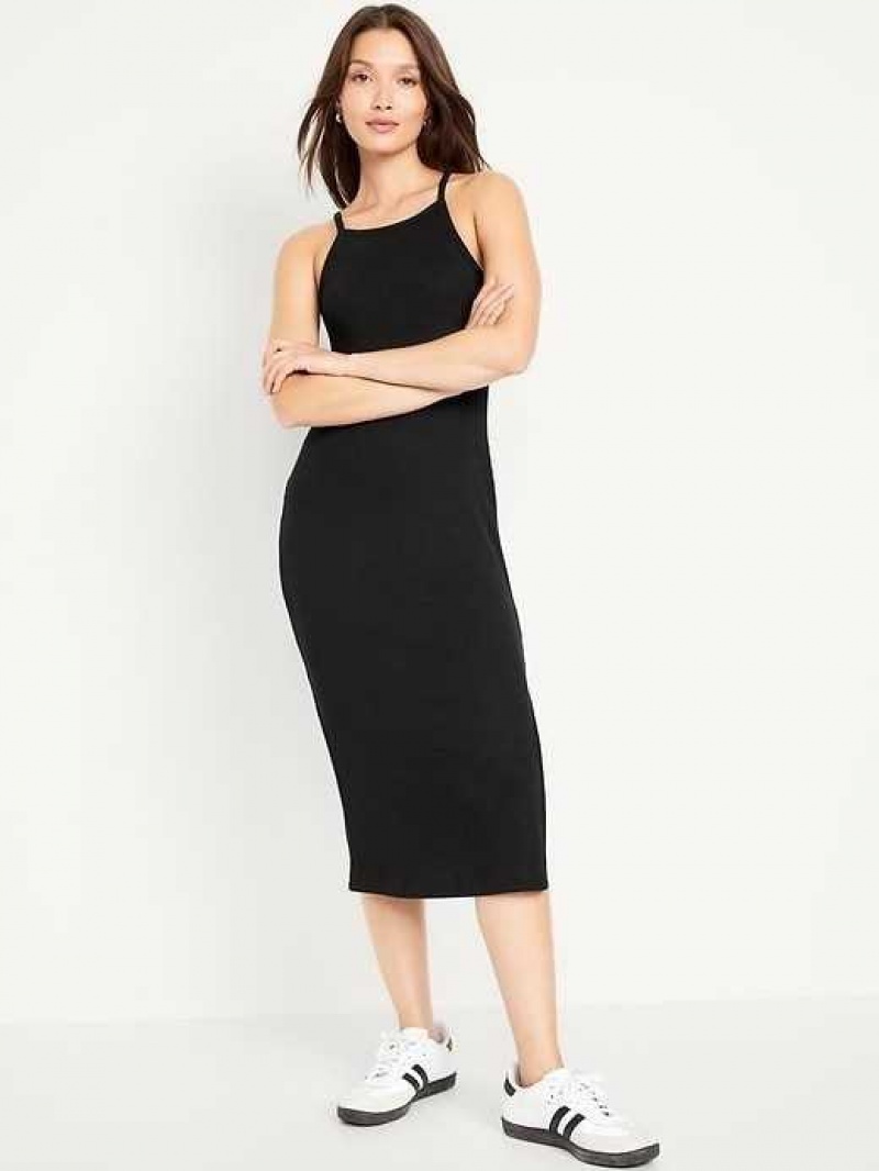 Old Navy Fitted Sleeveless Rib-Knit Midi Dress Black | SBG268739