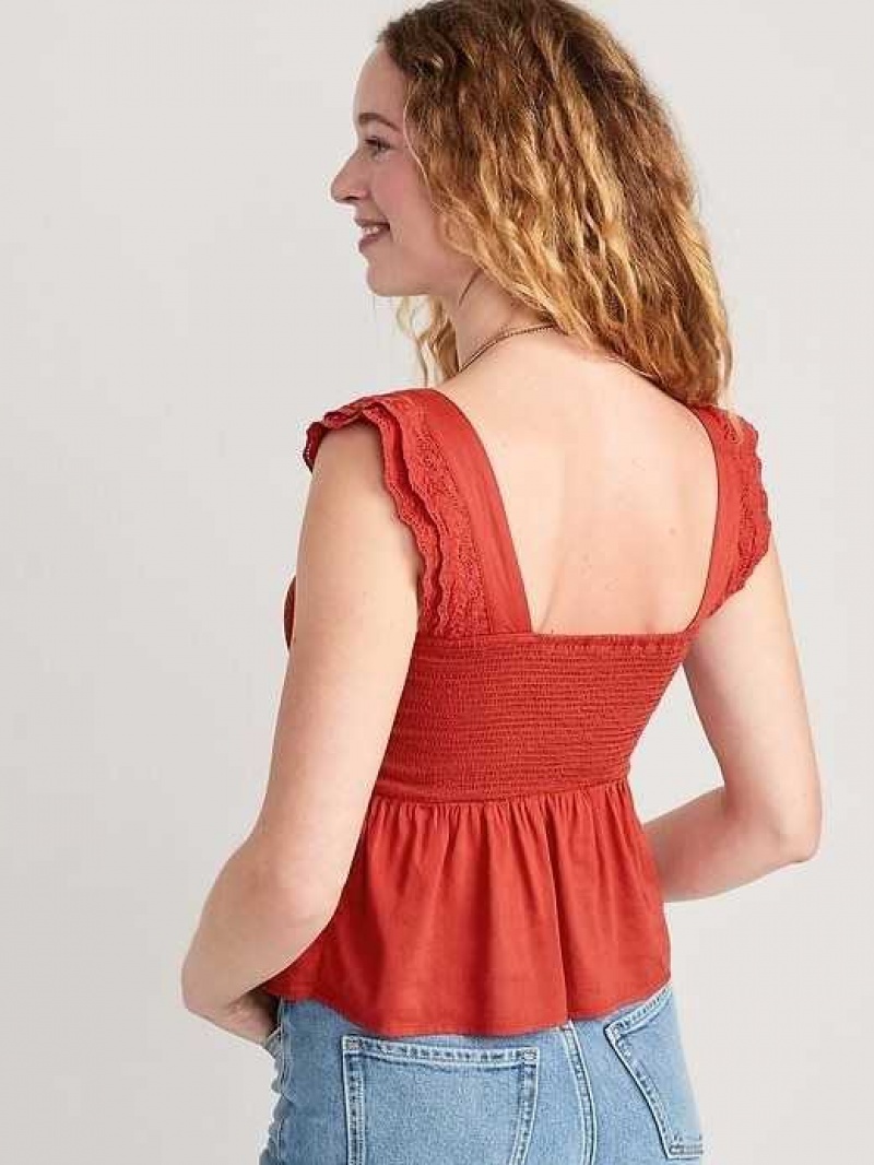 Old Navy Fitted Smocked Flutter-Sleeve Cutwork Top Red | ACW604753