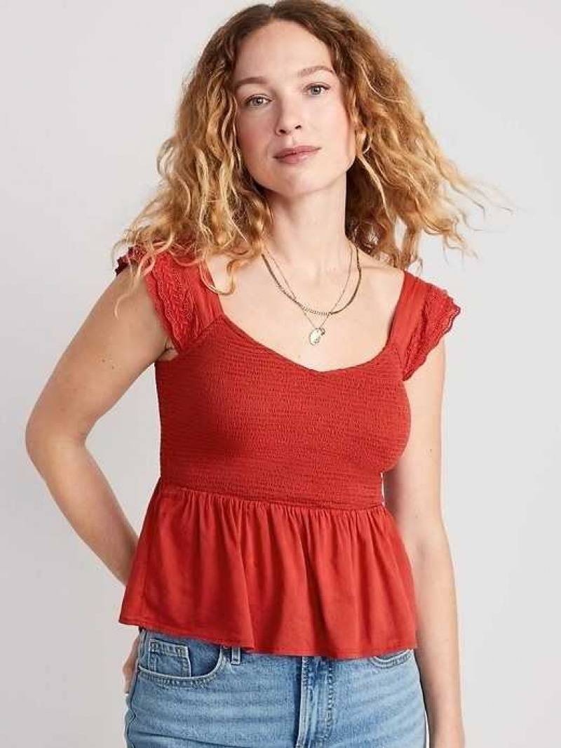 Old Navy Fitted Smocked Flutter-Sleeve Cutwork Top Red | ACW604753