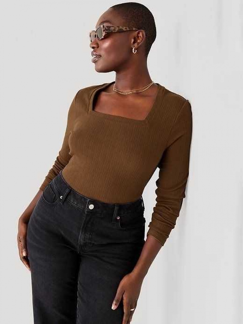 Old Navy Fitted Square-Neck Rib-Knit T-Shirt Brown | OVN078245