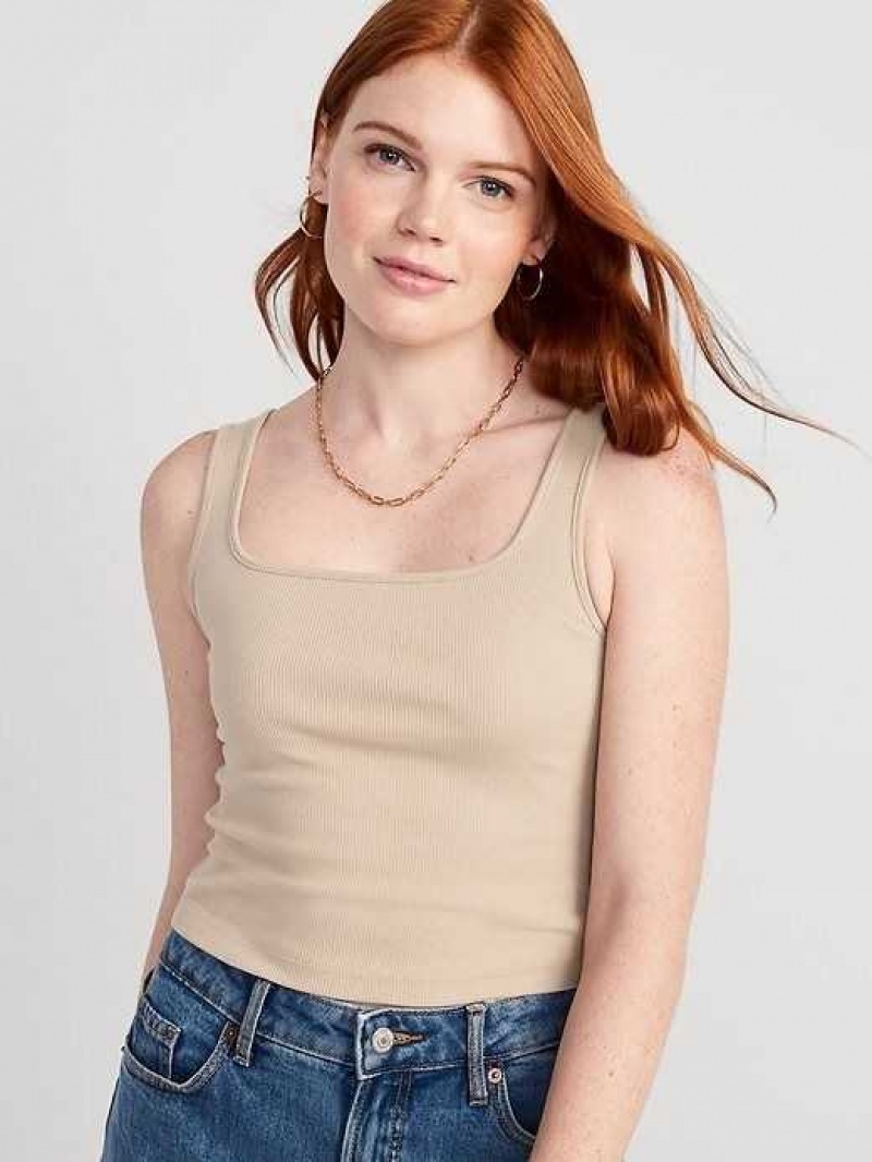 Old Navy Fitted Square-Neck Ultra-Cropped Rib-Knit Tank Top Beige | LKH562407