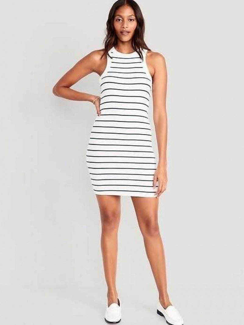 Old Navy Fitted Striped Sleeveless Rib-Knit Mini Dress White Stripes | NMJ082495