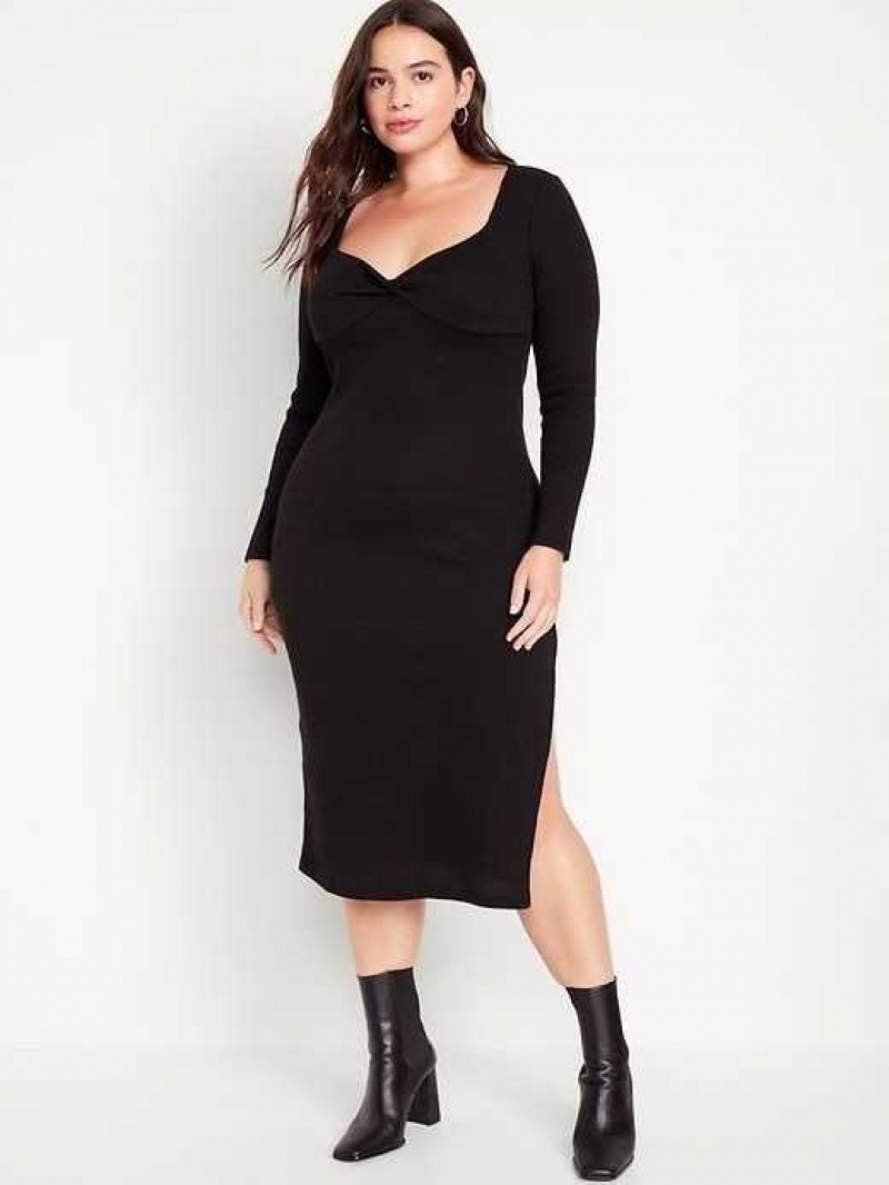 Old Navy Fitted Twist-Front Rib-Knit Midi Dress Blackjack | RVW239481