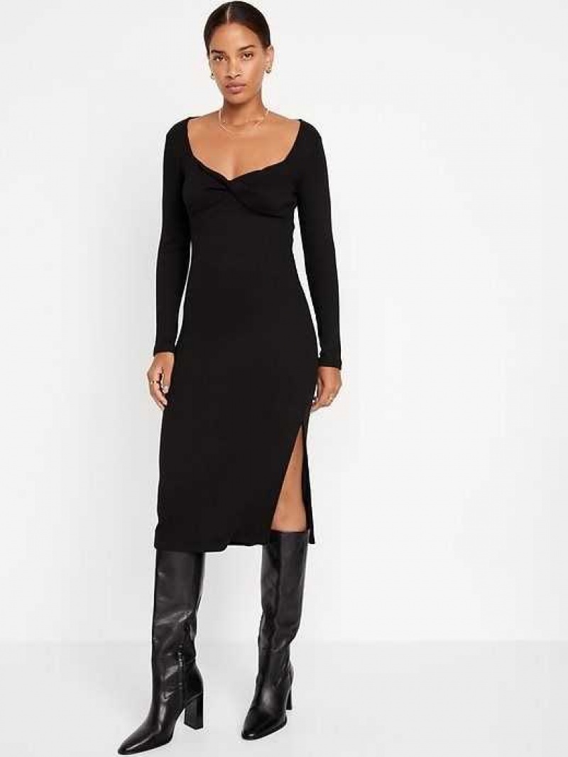 Old Navy Fitted Twist-Front Rib-Knit Midi Dress Blackjack | RVW239481