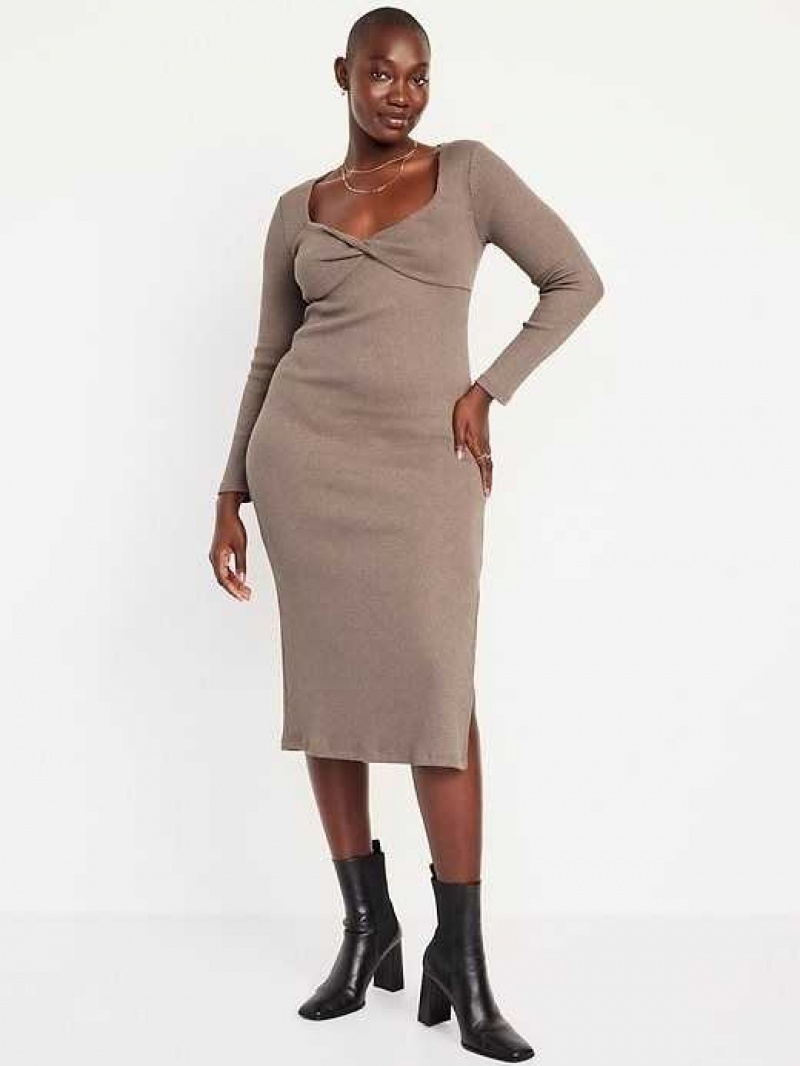 Old Navy Fitted Twist-Front Rib-Knit Midi Dress Sedimentary | IBC631729