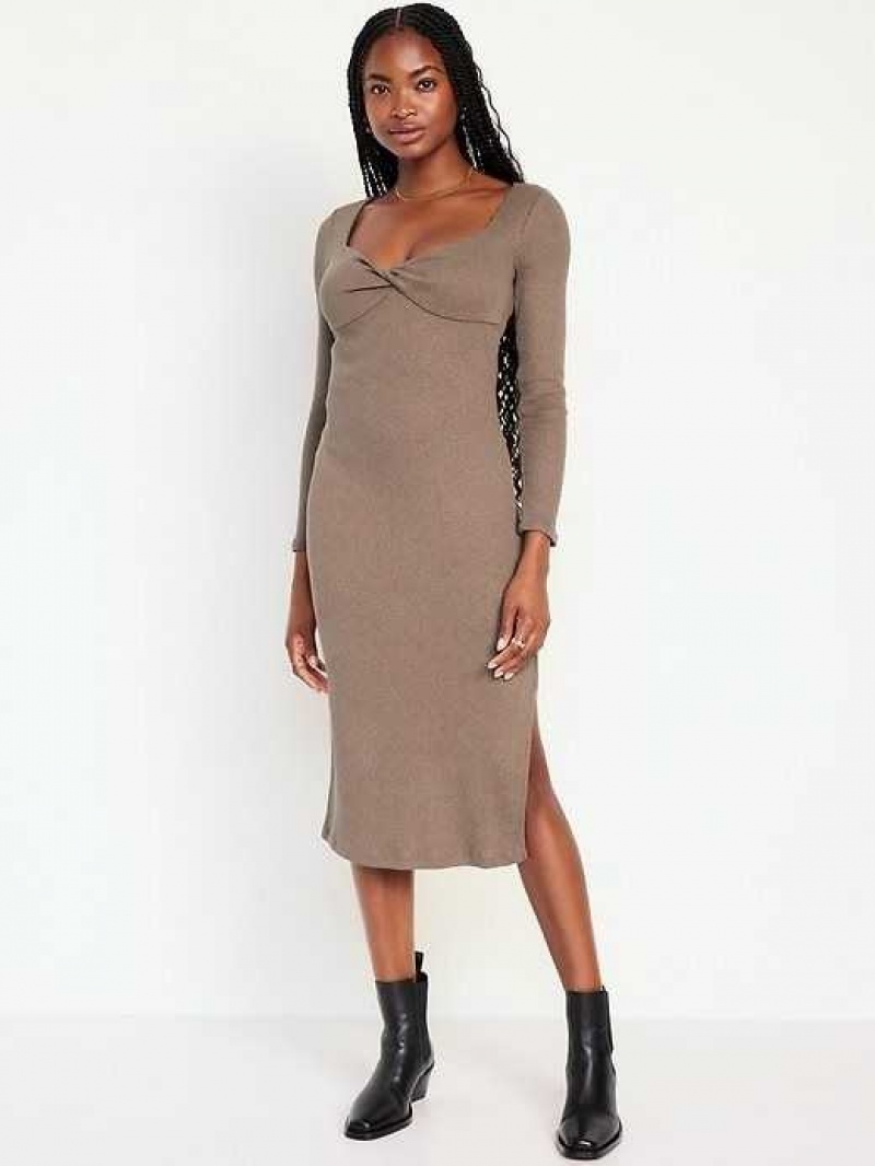 Old Navy Fitted Twist-Front Rib-Knit Midi Dress Sedimentary | IBC631729