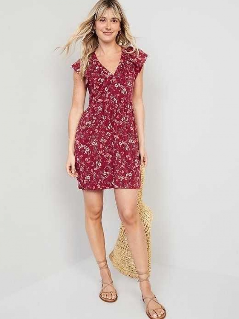 Old Navy Flutter-Sleeve Floral-Print Mini Swing Dress Red | KQY321579