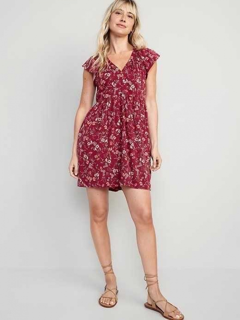 Old Navy Flutter-Sleeve Floral-Print Mini Swing Dress Red | KQY321579