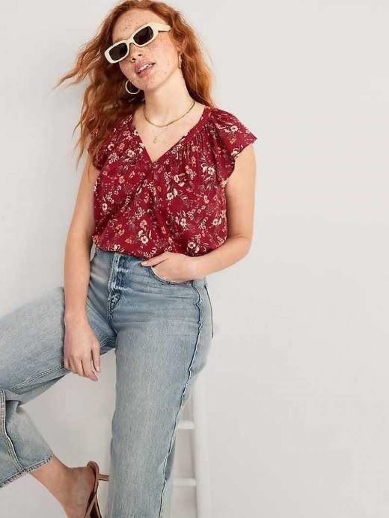 Old Navy Flutter-Sleeve Floral-Print Swing Blouse Red | QOP134702