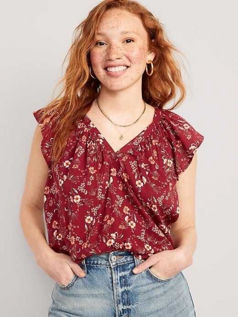 Old Navy Flutter-Sleeve Floral-Print Swing Blouse Red | QOP134702