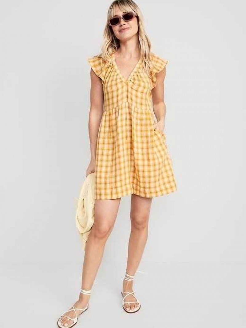 Old Navy Flutter-Sleeve Plaid Mini Swing Dress Yellow | OGD806451