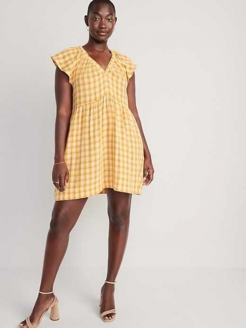 Old Navy Flutter-Sleeve Plaid Mini Swing Dress Yellow | OGD806451