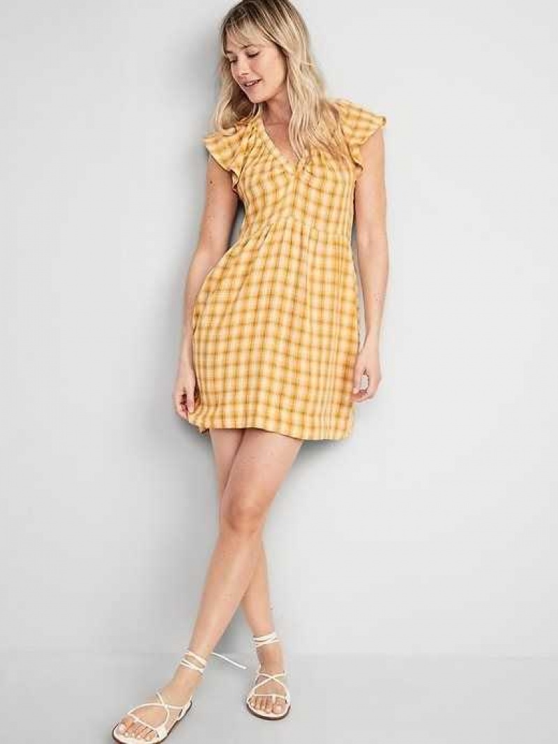 Old Navy Flutter-Sleeve Plaid Mini Swing Dress Yellow | OGD806451