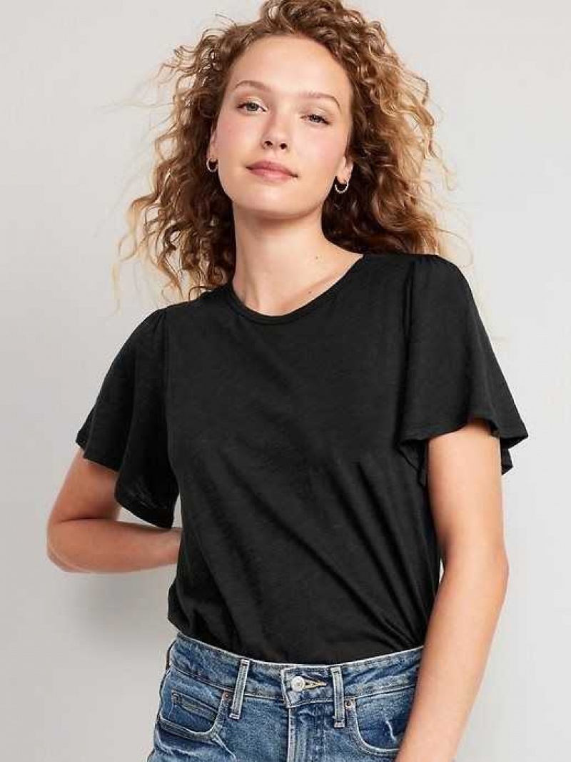 Old Navy Flutter-Sleeve Slub-Knit Top Black | BED913084