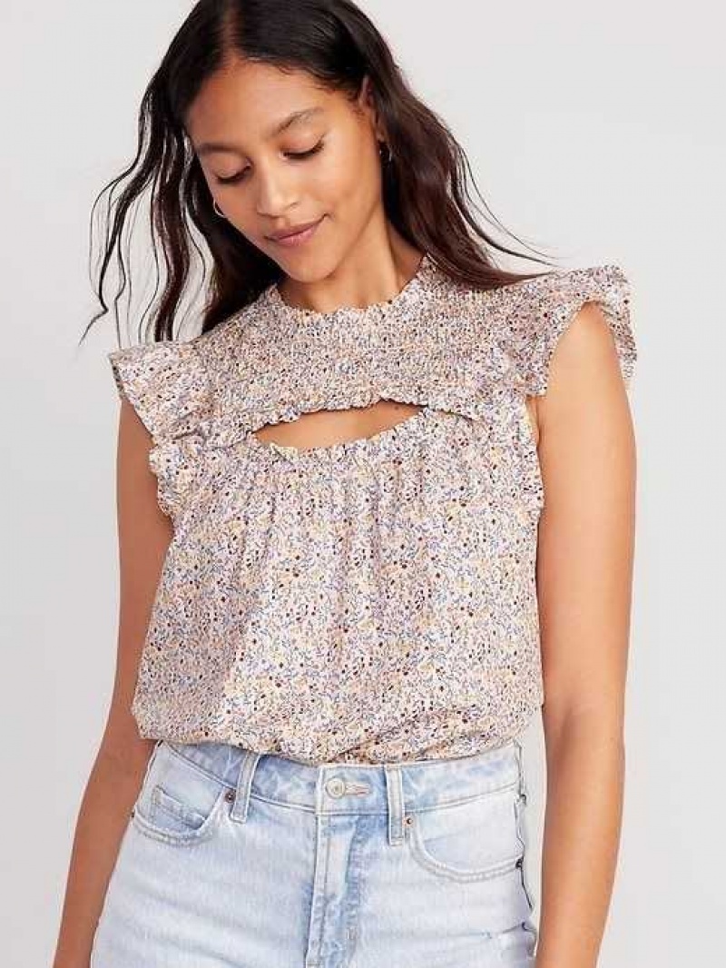 Old Navy Flutter-Sleeve Smocked Cutout Swing Blouse Multicolor | FZD517098