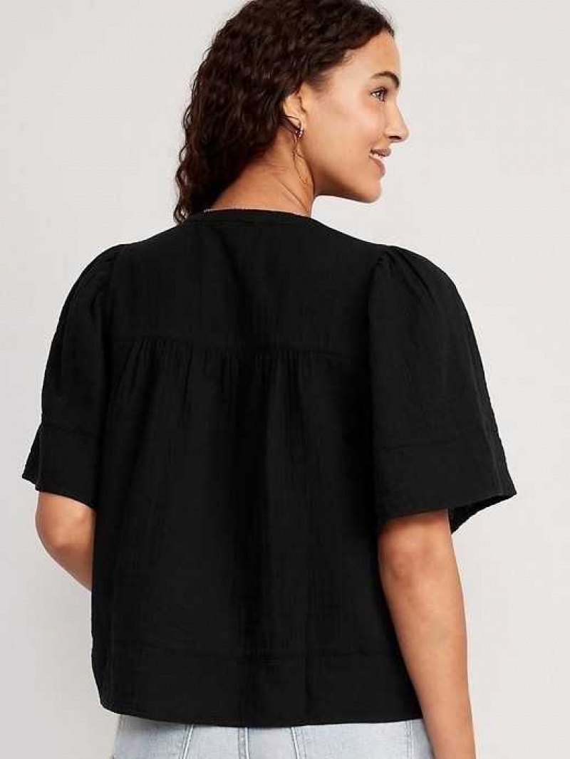 Old Navy Flutter-Sleeve Textured V-Neck Swing Top Black | OJQ301492