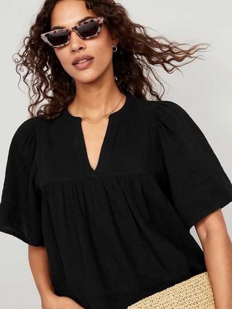 Old Navy Flutter-Sleeve Textured V-Neck Swing Top Black | OJQ301492