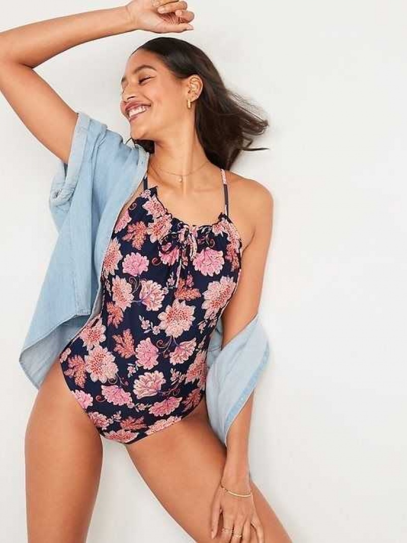 Old Navy Gathered Keyhole One-Piece Swimsuit Flower | VHO407932