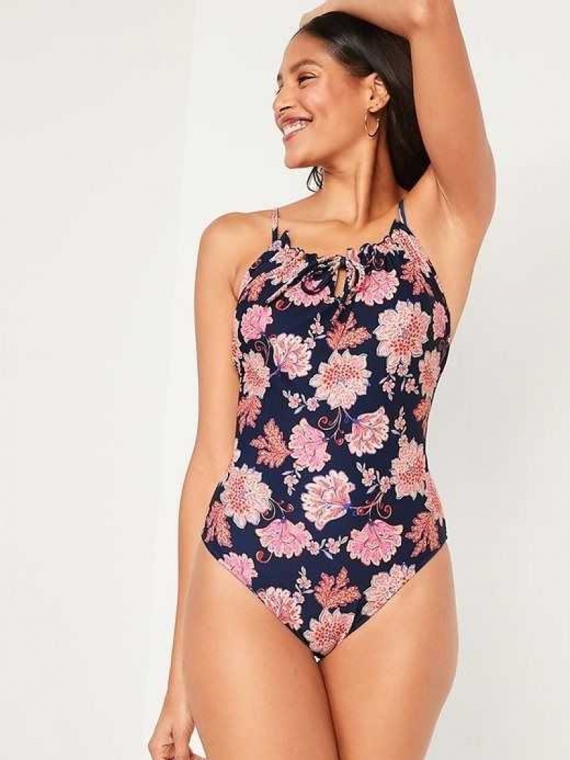 Old Navy Gathered Keyhole One-Piece Swimsuit Flower | VHO407932