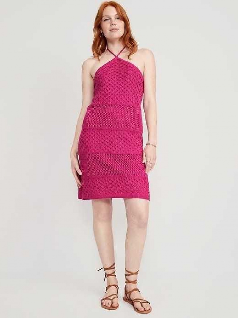 Old Navy Halter Tie-Strap Crochet Mini Dress Dragon Fruit | MQH935876