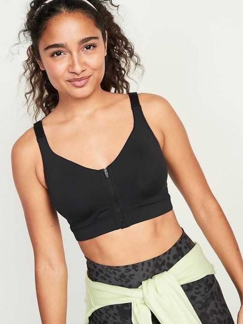 Old Navy High-Support PowerSoft Zip-Front Sports Bra Black | DHQ357619