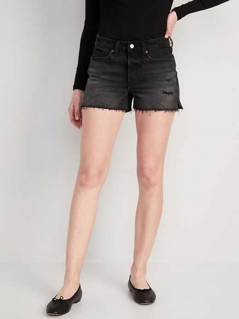 Old Navy High-Waisted Button-Fly O.G. Straight Ripped Side-Slit Jean Shorts Black | SCY725980