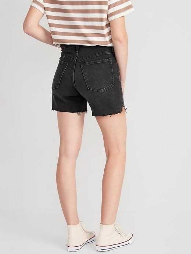 Old Navy High-Waisted Button-Fly O.G. Straight Ripped Side-Slit Jean Shorts Black | KOG746358