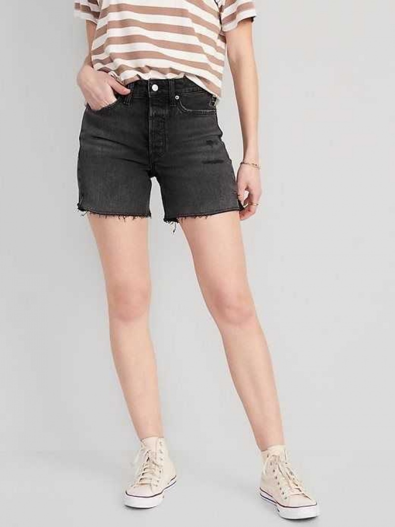 Old Navy High-Waisted Button-Fly O.G. Straight Ripped Side-Slit Jean Shorts Black | KOG746358