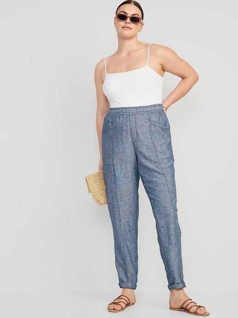 Old Navy High-Waisted Chambray Cropped Linen-Blend Tapered Pants Blue | FYH025736