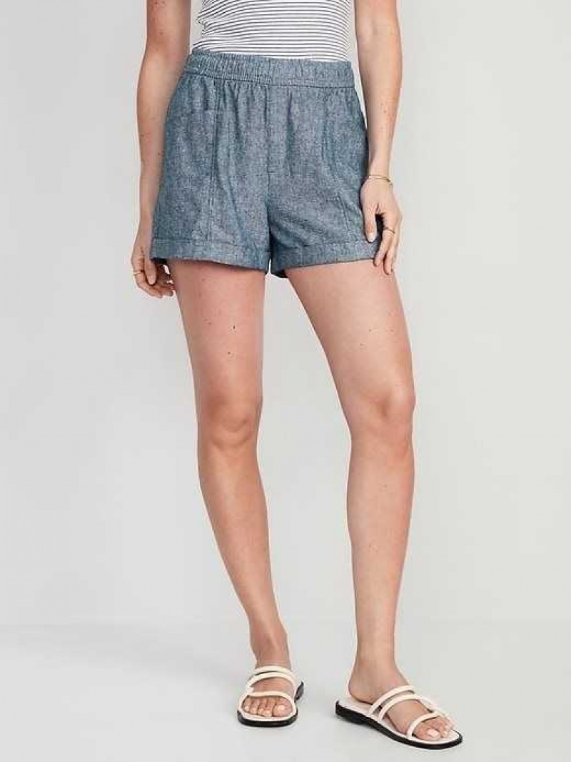 Old Navy High-Waisted Linen-Blend Chambray Shorts Blue | UJA961305