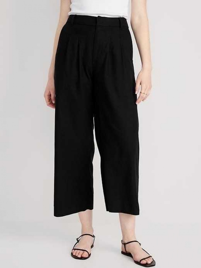 Old Navy High-Waisted Linen-Blend Cropped Wide-Leg Pants Black | ODE740356