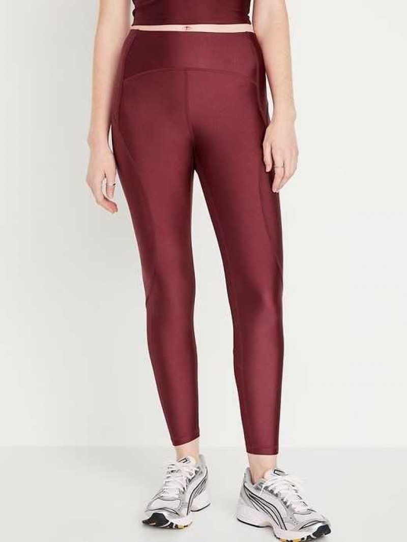 Old Navy High-Waisted PowerSoft 7/8 Shine Leggings Dark Red | UEB954026