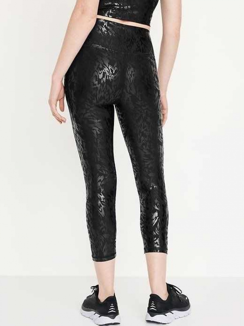 Old Navy High-Waisted PowerSoft Foil-Print Crop Leggings Black | UTB807519