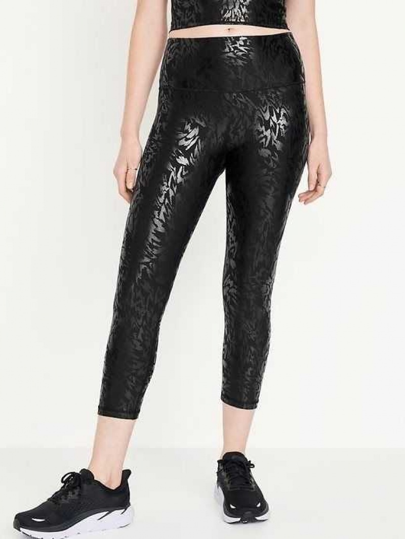 Old Navy High-Waisted PowerSoft Foil-Print Crop Leggings Black | UTB807519