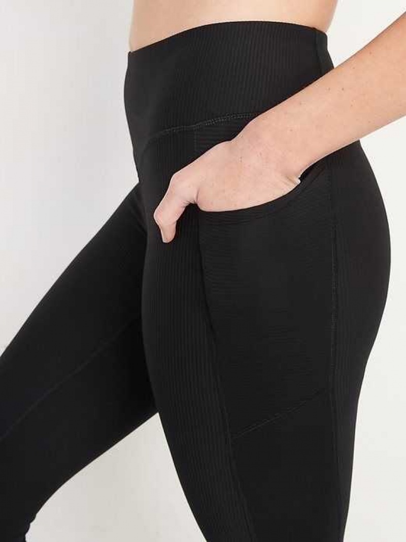 Old Navy High-Waisted PowerSoft Rib-Knit Side-Pocket 7/8-Length Leggings Black | PUS024957