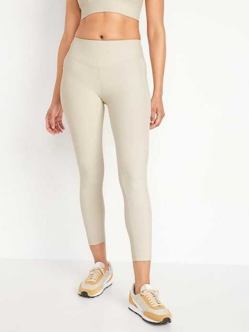 Old Navy High-Waisted PowerSoft Rib-Knit Side-Pocket 7/8-Length Leggings Beige | DKU421760