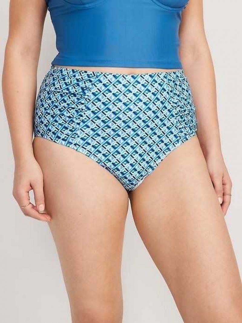 Old Navy High-Waisted Printed Ruched Bikini Swim Bottoms Blue | TVE984273