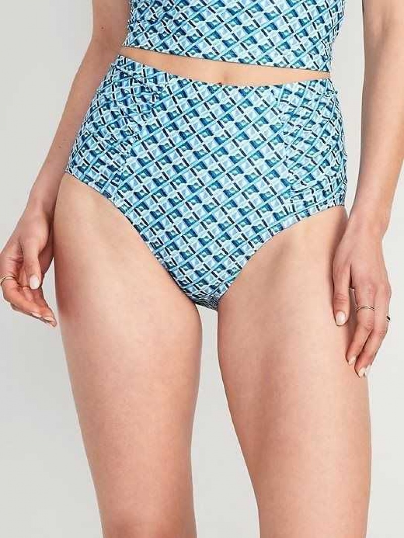 Old Navy High-Waisted Printed Ruched Bikini Swim Bottoms Blue | TVE984273