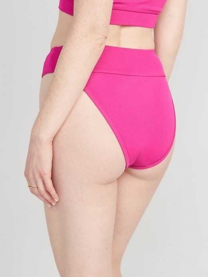 Old Navy High-Waisted Ribbed French-Cut Bikini Swim Bottoms Flamingo | RQD978362