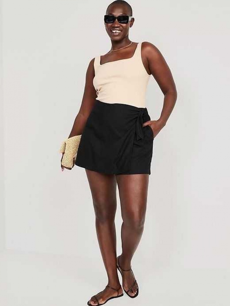 Old Navy High-Waisted Side-Tie Linen-Blend Skort Black | QNV106387