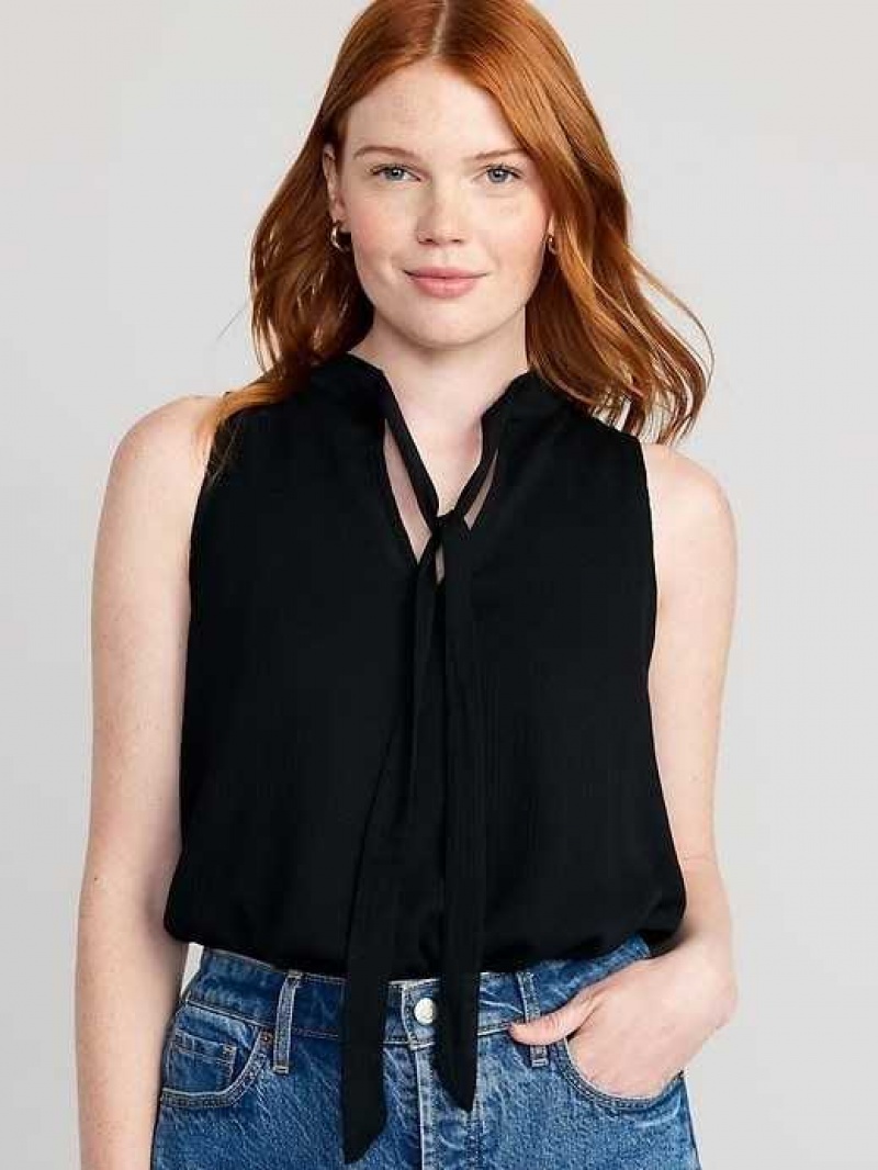 Old Navy High Neck Bow-Front Chiffon Top Black | TJA716923