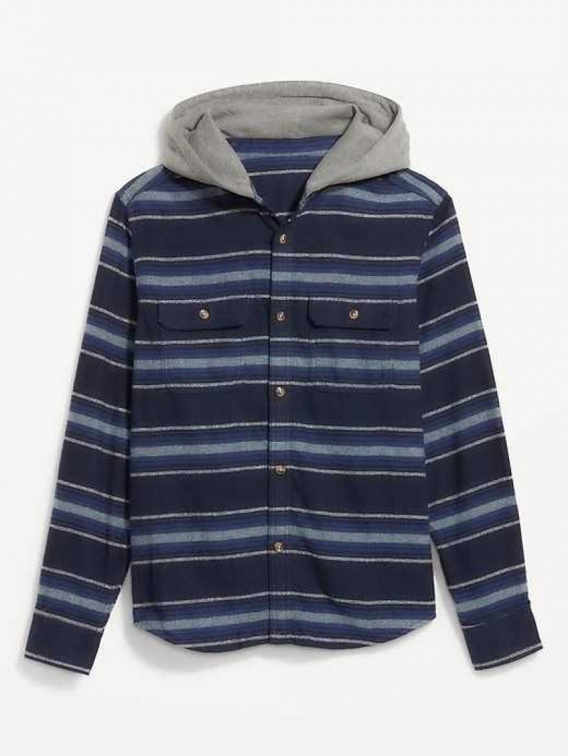 Old Navy Hooded Flannel Shacket Blue Stripes | IVD914235