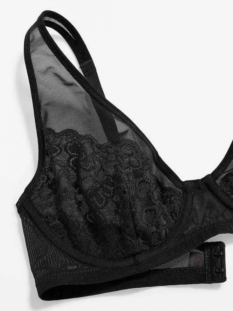 Old Navy Lace-Paneled Mesh Underwire Plunge Bra Black | SEO453617