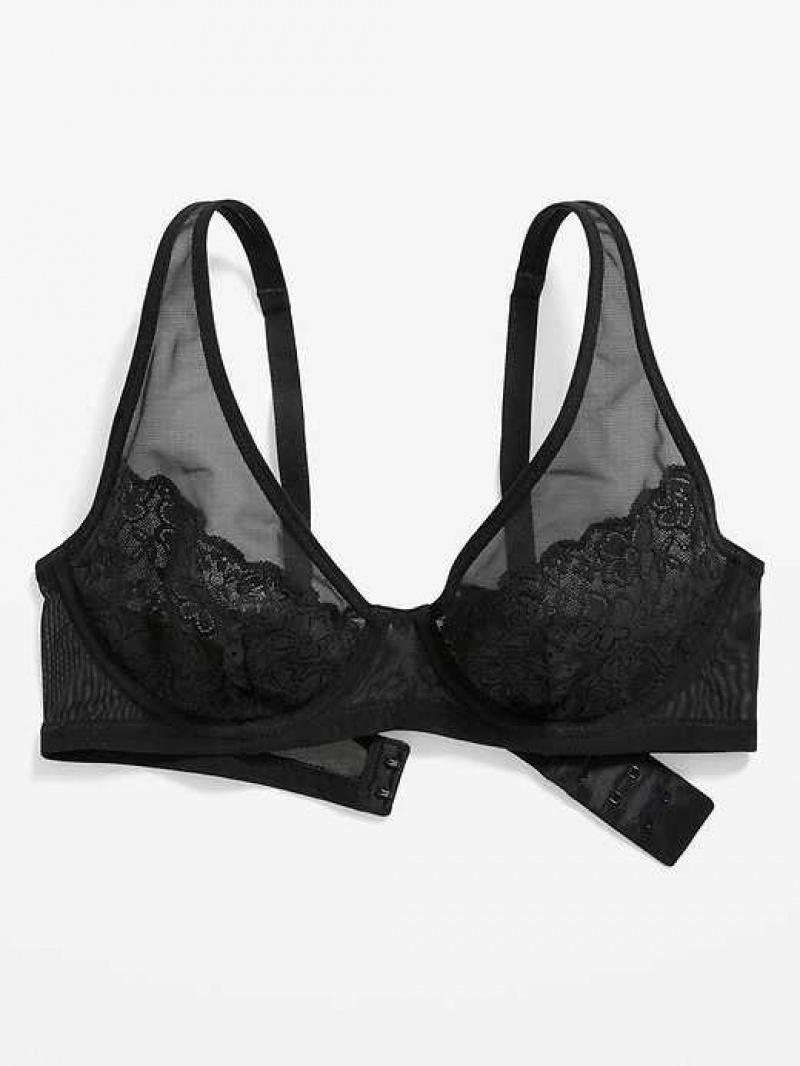 Old Navy Lace-Paneled Mesh Underwire Plunge Bra Black | SEO453617