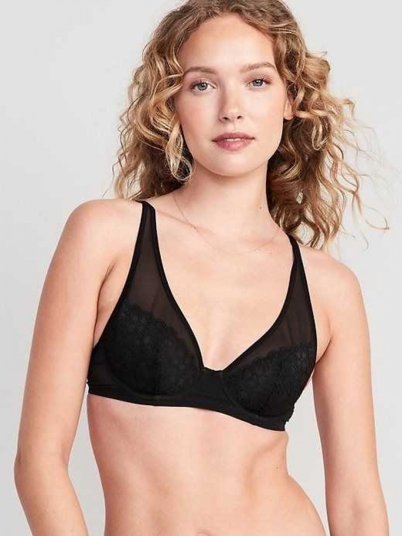 Old Navy Lace-Paneled Mesh Underwire Plunge Bra Black | SEO453617