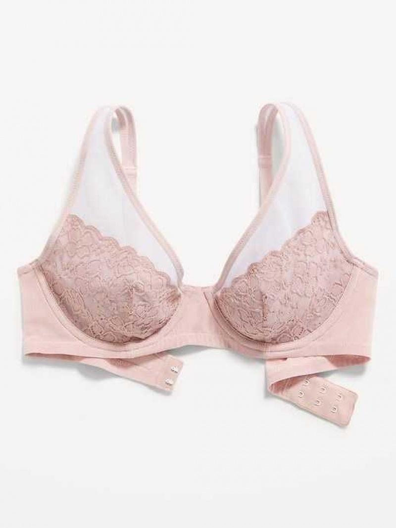 Old Navy Lace-Paneled Mesh Underwire Plunge Bra Pink Light Blue | NUY058461